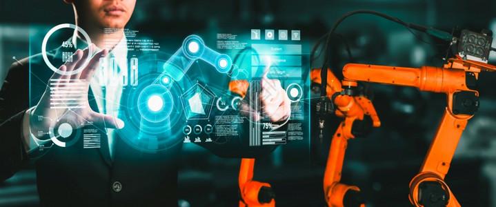 软件由工业程控制的自动化造机器人用于数字工业和厂机器人技术的背景